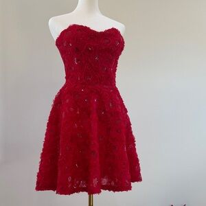 Bebe Sequined and 3D Floral Red Strapless Dress